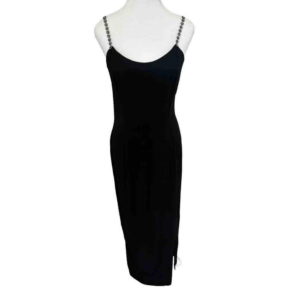 Jessica McClintock Slip Dress Vtg 90’s Daisy Rhinestone Strap Black Slit Sz 9/10
